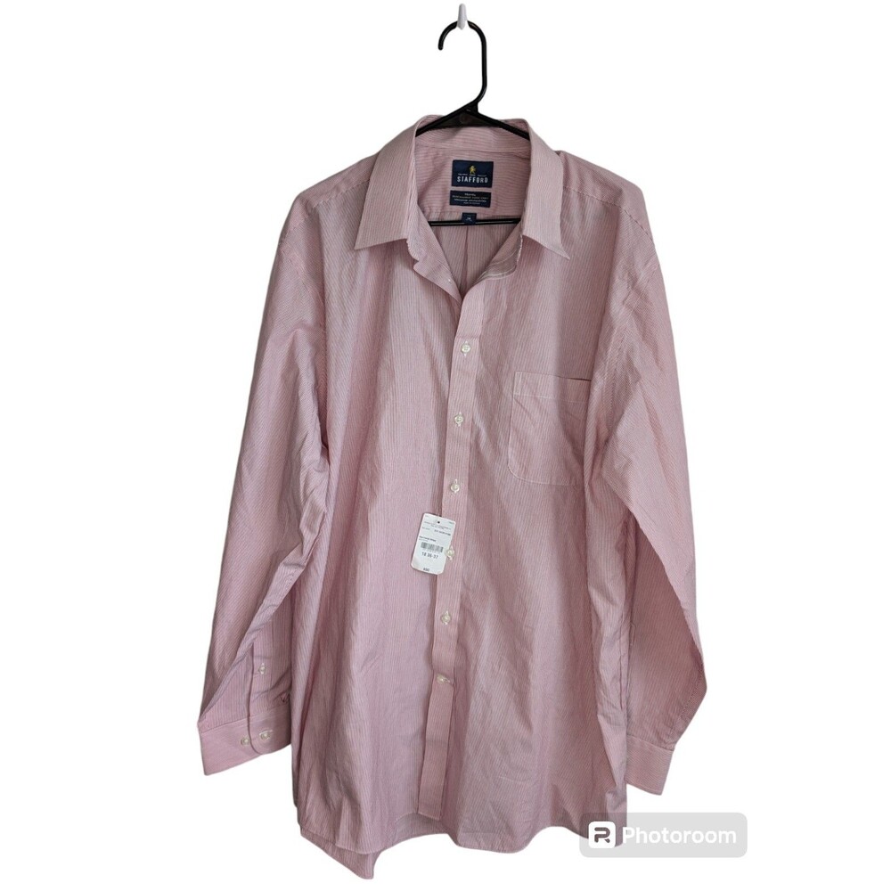 Stafford Dress Shirt Mens XL 18 Performance Pink Stripe Salmon Long Sleeve New